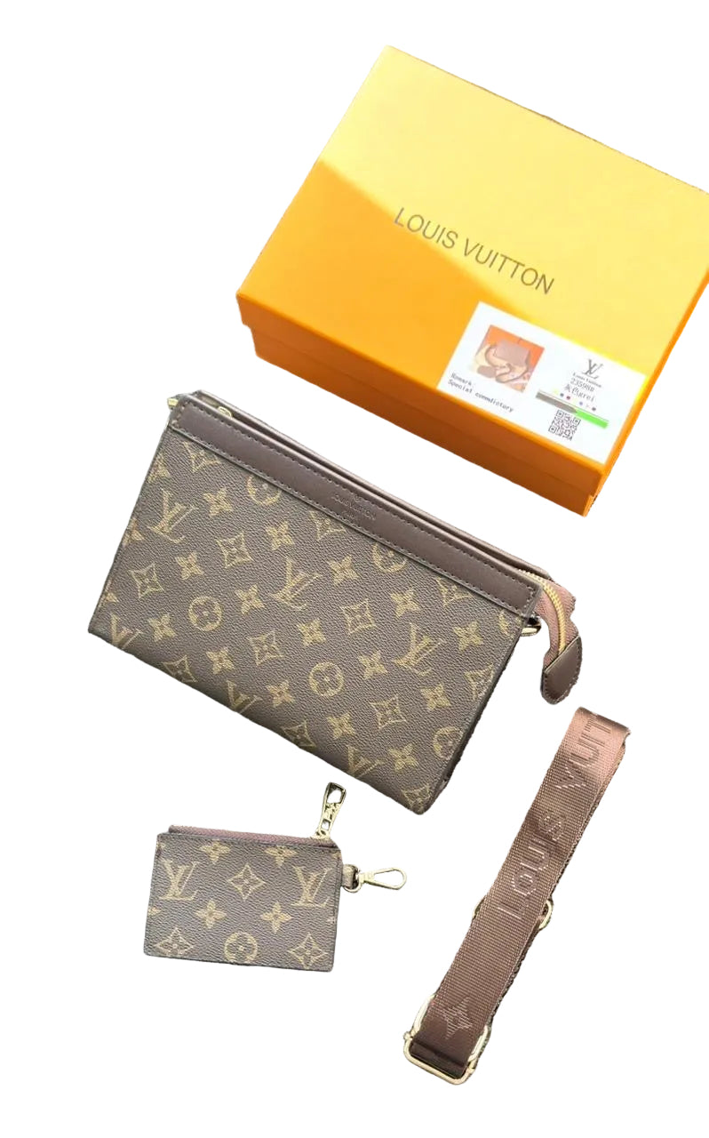Louis Vuitton wallet, pouch, and strap with a yellow box on a gray surface