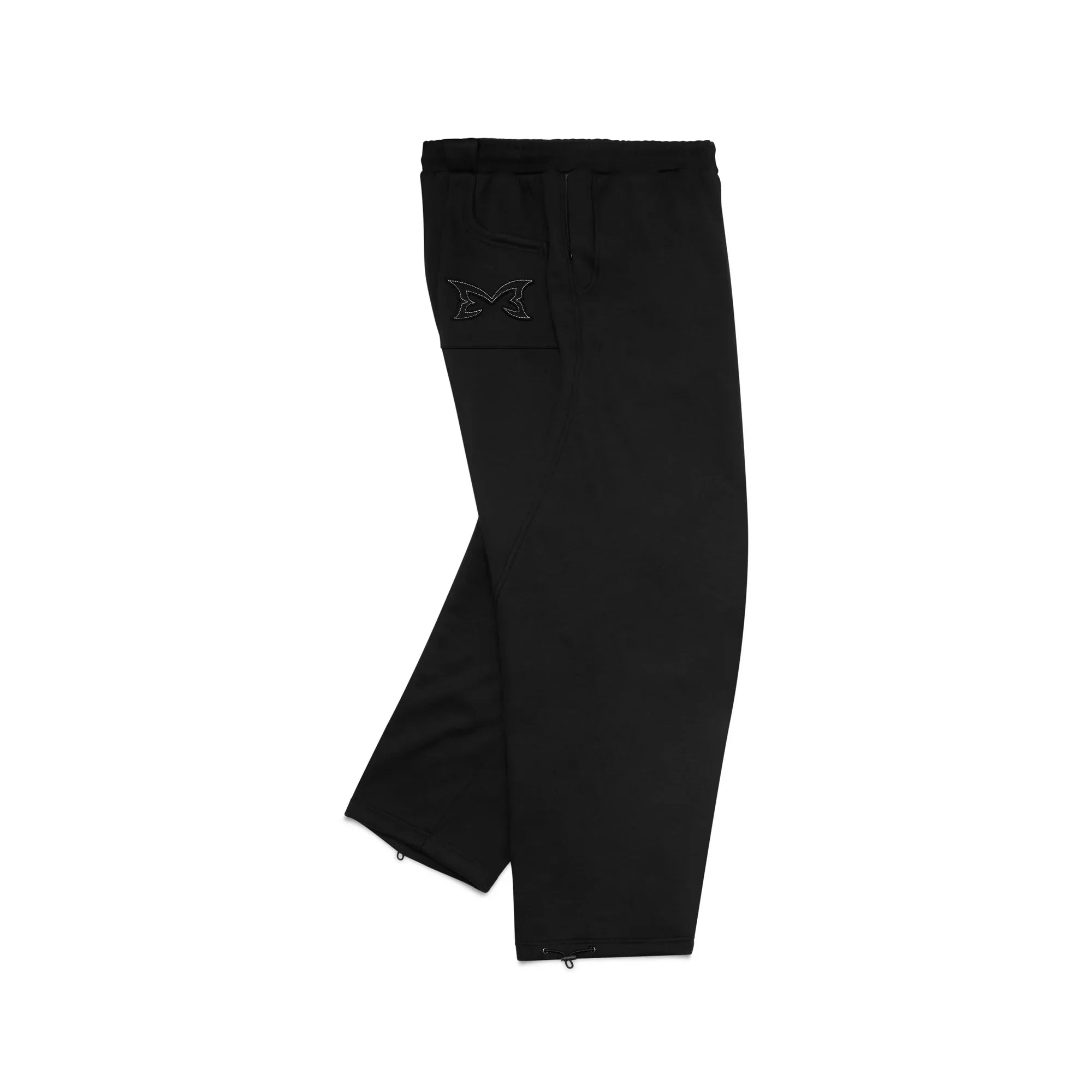 Black pants with a logo on the pocket against a white background